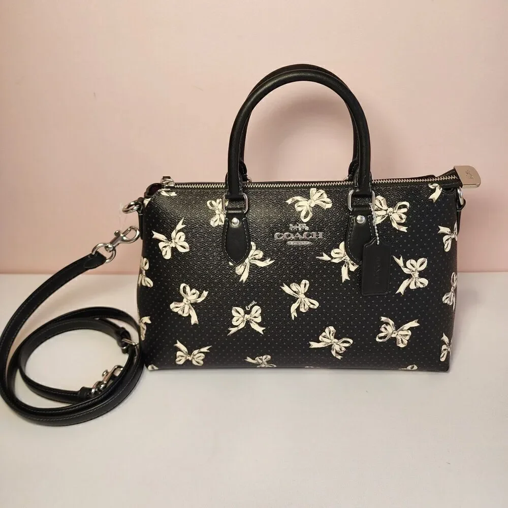NWT COACH CAA76 Georgia Stachel Bag Bow Print Coated Canvas Silver/Black